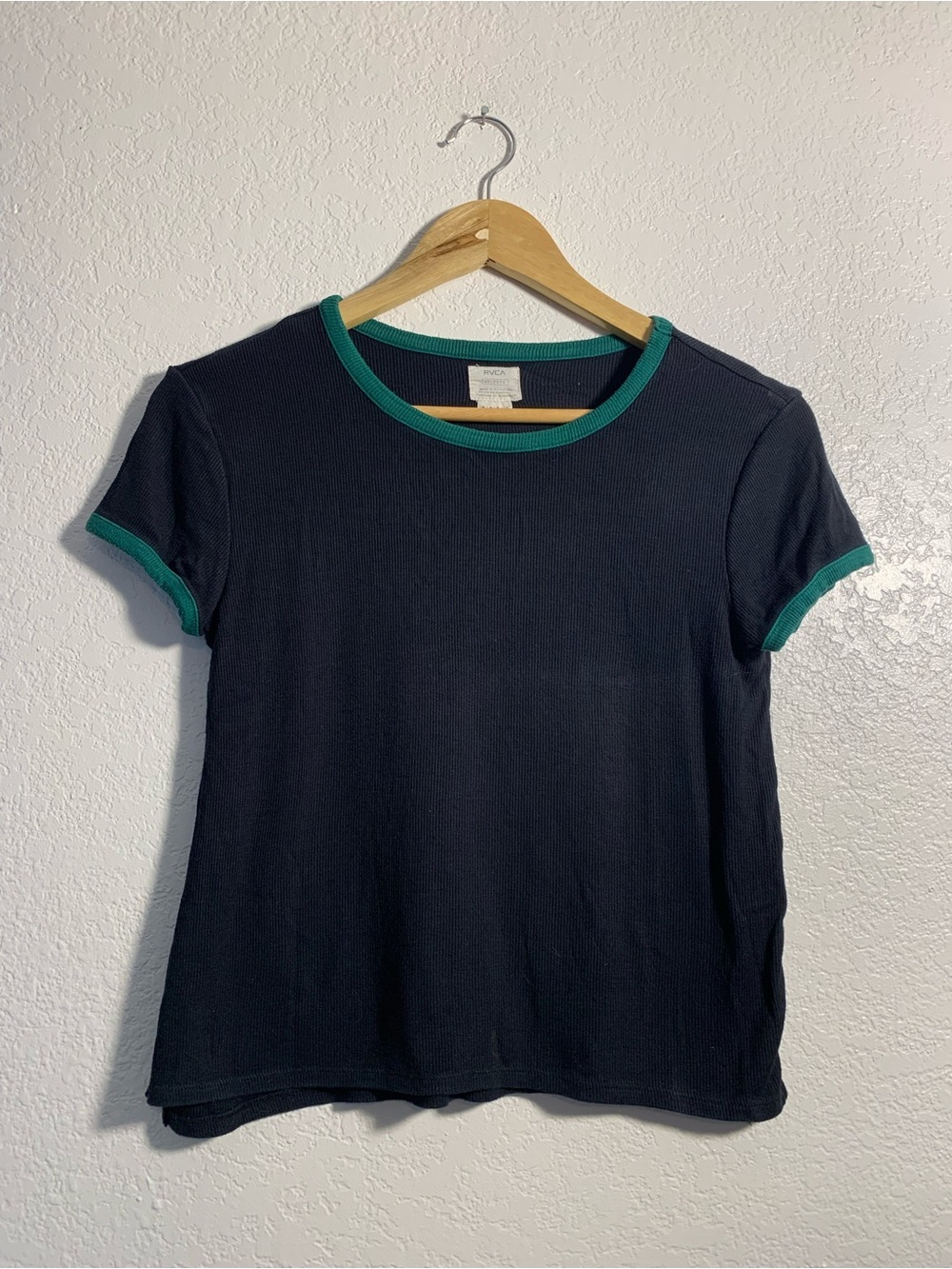 RVCA Black Ribbed Short-Sleeve Tee with Green Trim | M